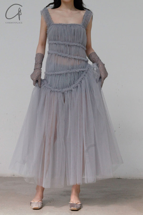CAROLINE HU Frilled Tulle Dress SS22GYD09 Grey